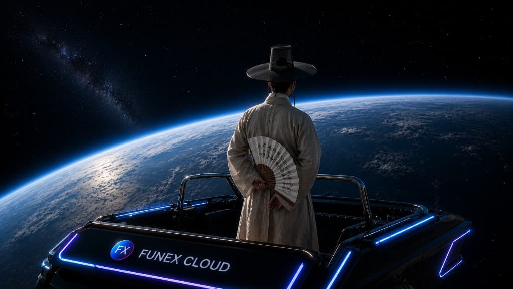 전통 한복과 갓을 입은 인물이 지구 궤도 위 Funex Cloud 차량에 서 있는 우주 장면